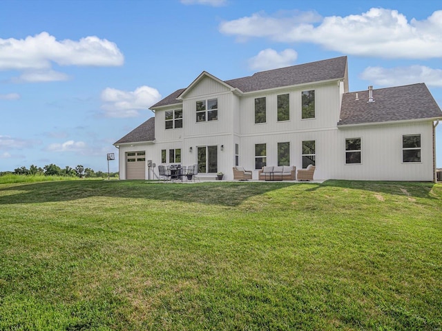 back of house with an outdoor living space, a yard, and a shingled roof