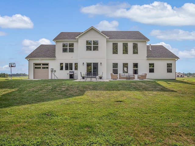 back of house with a garage, an outdoor hangout area, a lawn, and a shingled roof