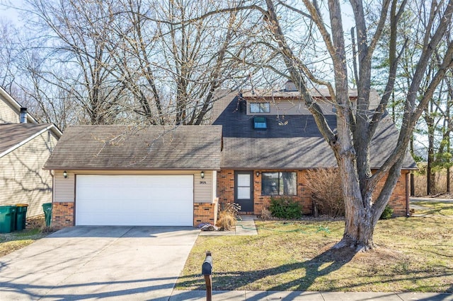 view of front facade featuring a garage, brick siding, driveway, and roof with shingles