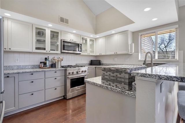 kitchen featuring dark wood-style floors, visible vents, stainless steel appliances, and light stone countertops