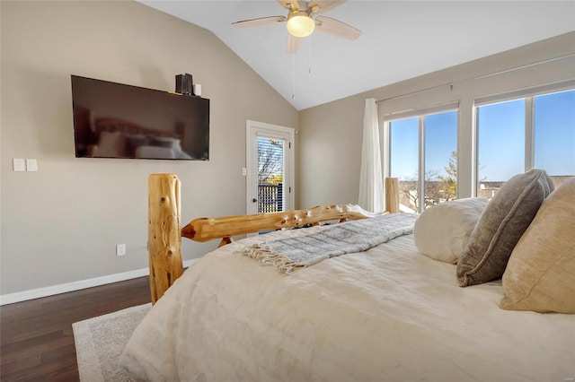 bedroom featuring a ceiling fan, wood finished floors, baseboards, lofted ceiling, and access to exterior