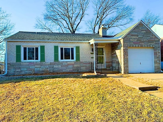 ranch-style house with brick siding, a front yard, a chimney, stone siding, and an attached garage