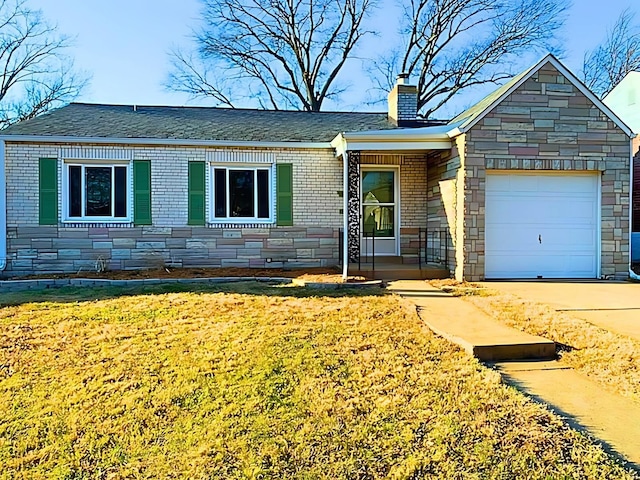 ranch-style home with brick siding, a front lawn, a chimney, stone siding, and an attached garage