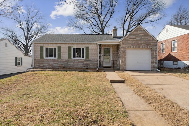 view of front of home with stone siding, an attached garage, a chimney, and concrete driveway