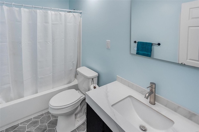 bathroom with vanity, tile patterned floors, toilet, and shower / bathtub combination with curtain