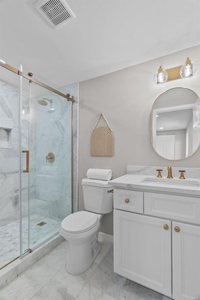 bathroom with a marble finish shower, visible vents, toilet, and marble finish floor