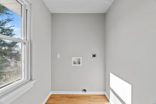 laundry room featuring electric dryer hookup, baseboards, light wood-style floors, and washer hookup