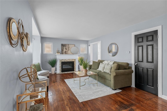 living area featuring wood finished floors and a fireplace