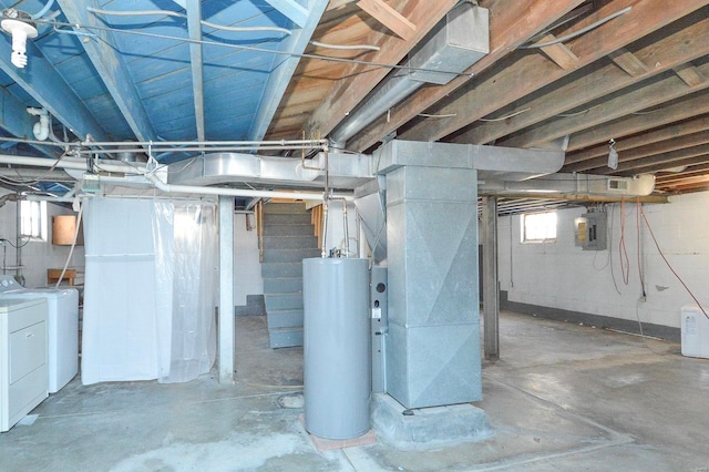 basement featuring washer and clothes dryer, electric panel, heating unit, water heater, and stairs