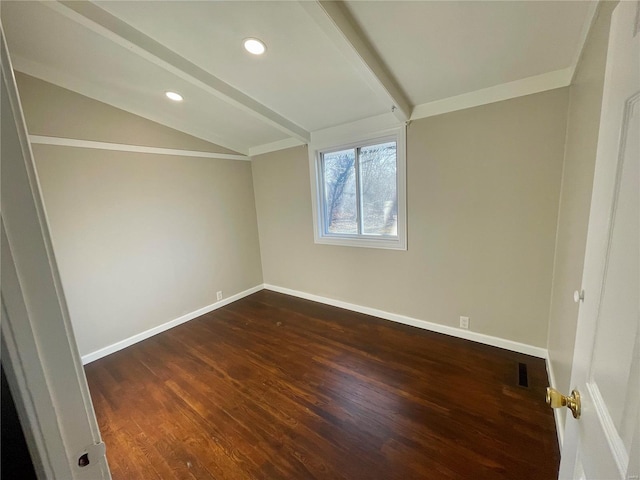 spare room with recessed lighting, baseboards, lofted ceiling with beams, and dark wood-type flooring