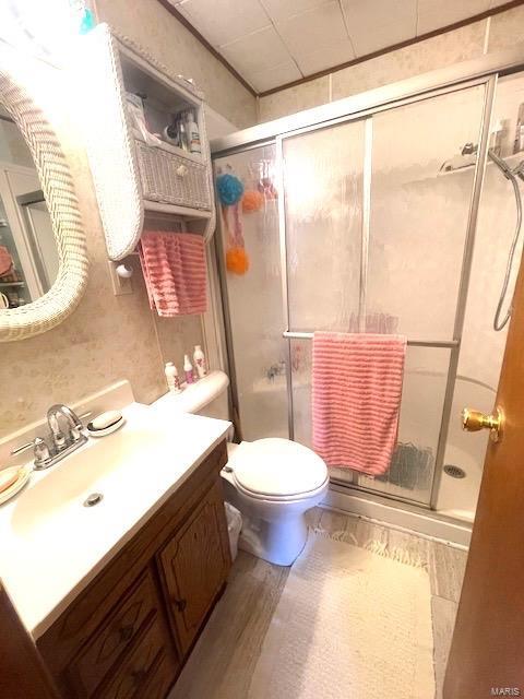 bathroom with toilet, a stall shower, vanity, and wood finished floors