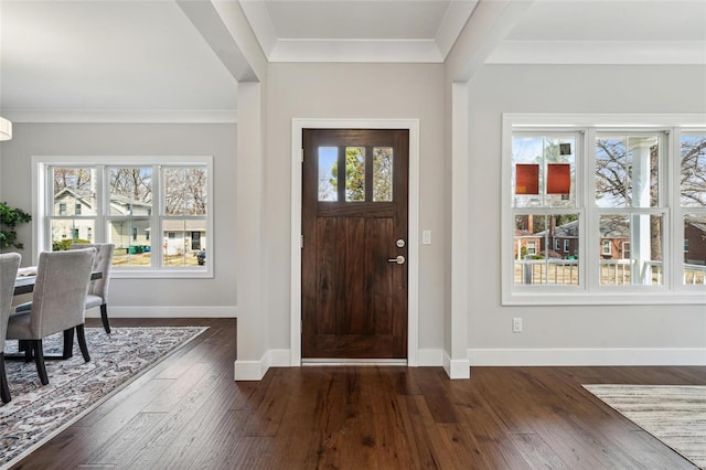 entryway with a wealth of natural light, baseboards, dark wood finished floors, and ornamental molding