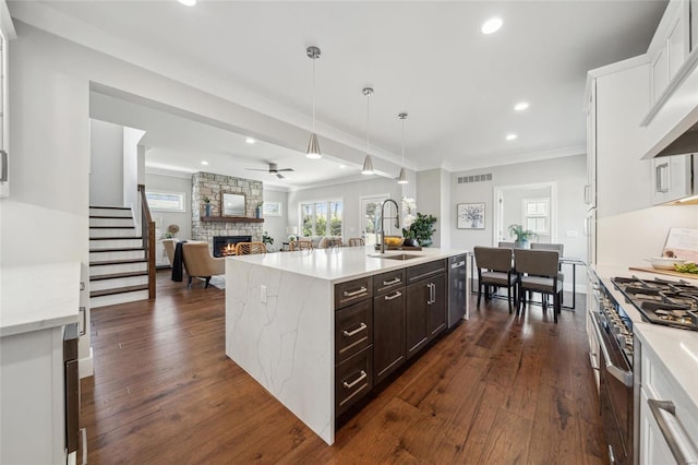 kitchen featuring a fireplace, a sink, custom range hood, dark brown cabinets, and appliances with stainless steel finishes