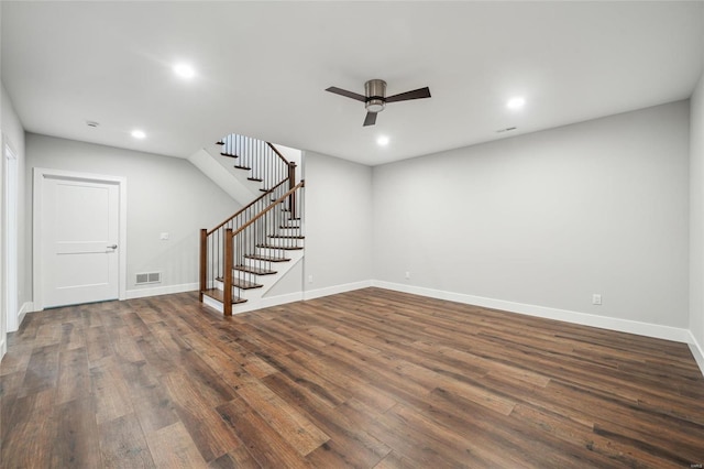 unfurnished living room featuring a ceiling fan, stairs, recessed lighting, baseboards, and dark wood-style flooring