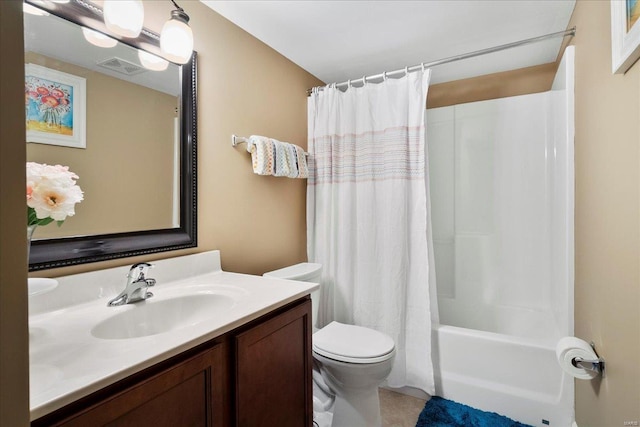 bathroom with visible vents, toilet, shower / bath combo, and vanity