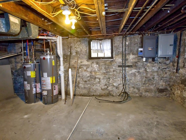 below grade area with electric panel and water heater