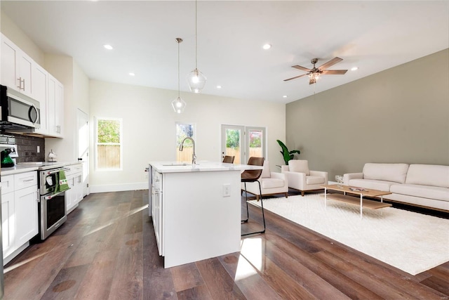 kitchen with a kitchen island with sink, dark wood-style floors, appliances with stainless steel finishes, and a sink