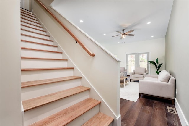 staircase with visible vents, a ceiling fan, wood finished floors, recessed lighting, and baseboards