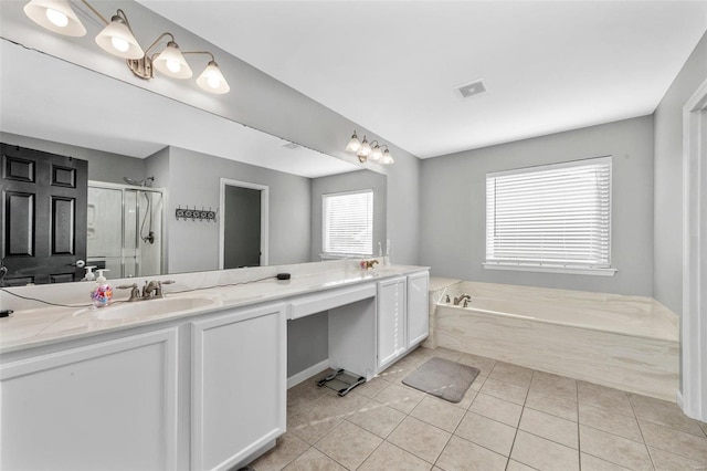 full bathroom featuring tile patterned floors, visible vents, a stall shower, and double vanity