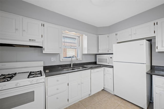 kitchen featuring under cabinet range hood, a sink, white appliances, white cabinets, and light tile patterned floors