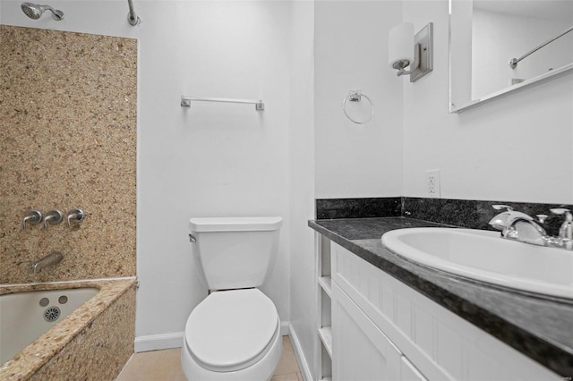 full bathroom with tile patterned flooring, baseboards, toilet, bathing tub / shower combination, and vanity