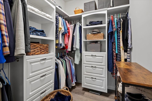 walk in closet with wood finished floors