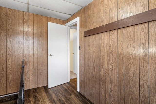 interior space with dark wood finished floors, wooden walls, and a closet