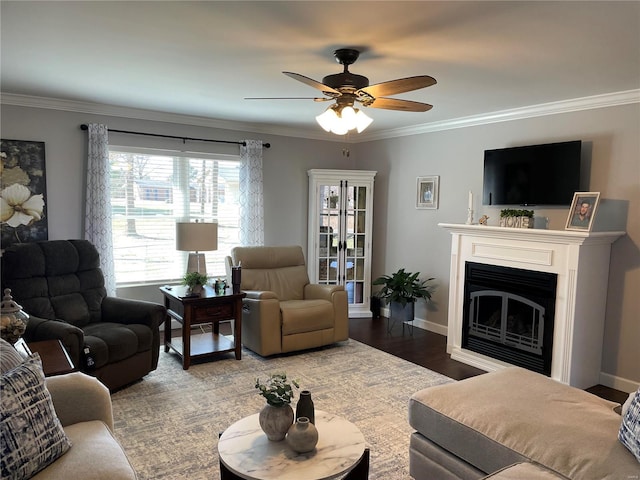 living area featuring a ceiling fan, wood finished floors, baseboards, a fireplace, and ornamental molding