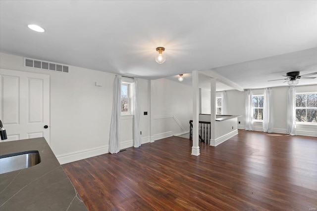 unfurnished living room with visible vents, dark wood-type flooring, baseboards, and a sink