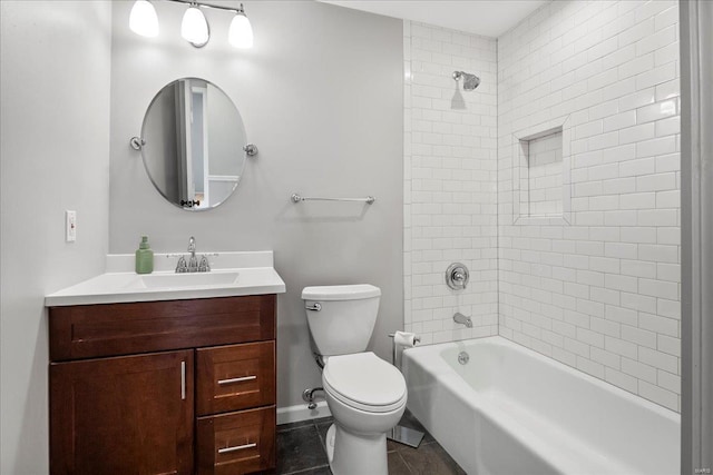 bathroom with tile patterned flooring, baseboards, toilet, shower / tub combination, and vanity