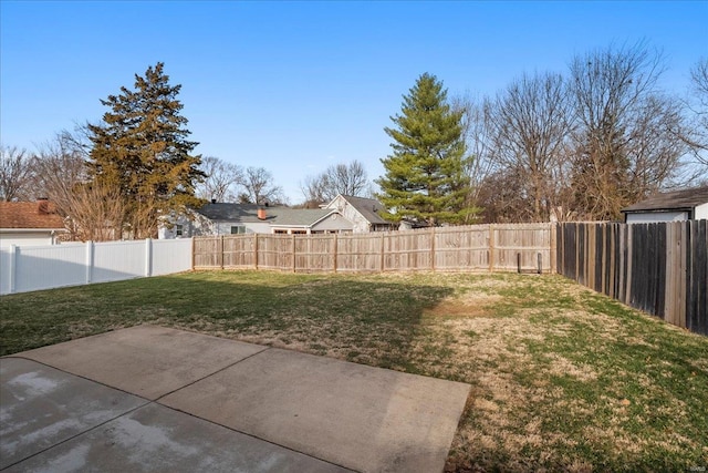 view of yard featuring a patio area and a fenced backyard