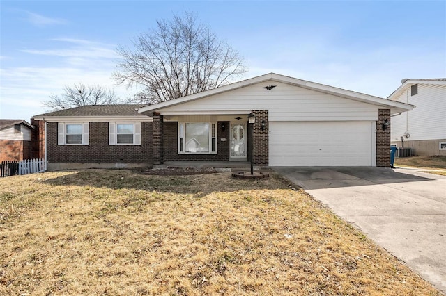 ranch-style house featuring brick siding, an attached garage, and driveway