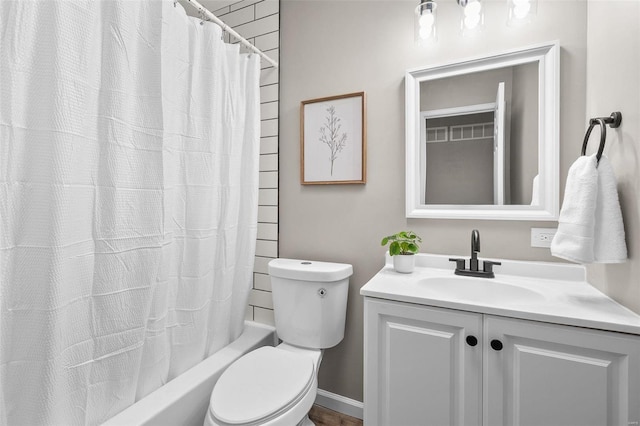 bathroom featuring shower / bath combination with curtain, toilet, and vanity