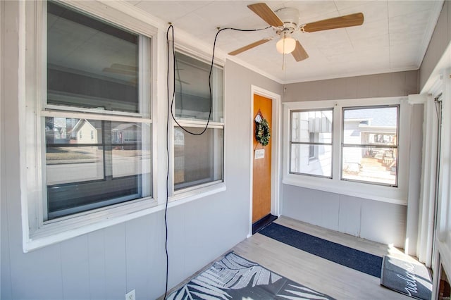 entrance to property with a ceiling fan