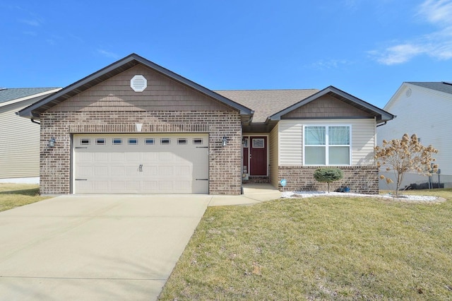 ranch-style house featuring a garage, brick siding, concrete driveway, and a front lawn