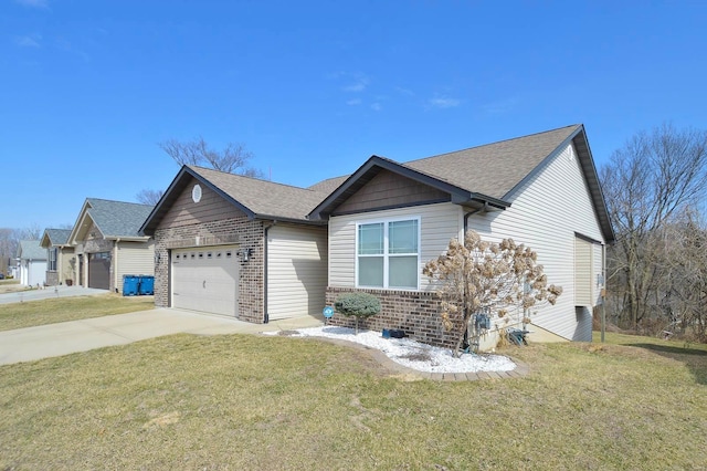 view of front of home with a front yard, driveway, roof with shingles, a garage, and brick siding