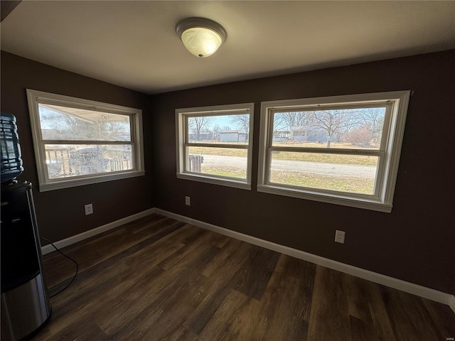 empty room with dark wood-type flooring and baseboards