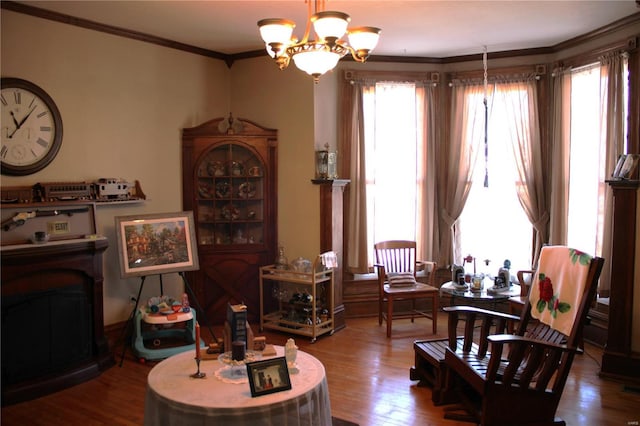 living area featuring ornamental molding, a healthy amount of sunlight, and wood finished floors