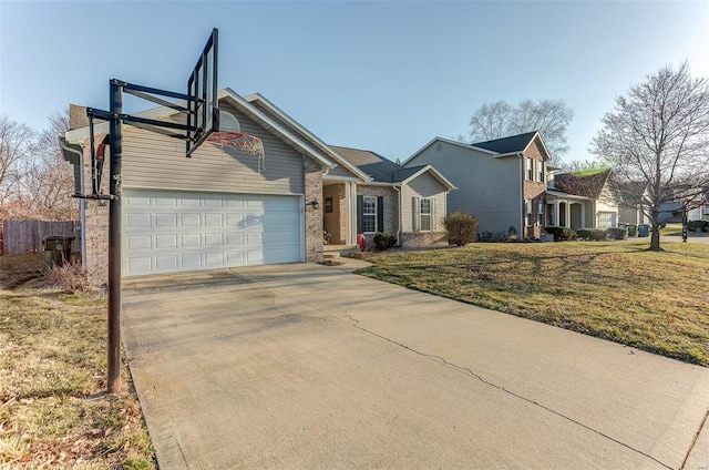 view of front facade featuring fence, concrete driveway, a front lawn, a garage, and brick siding