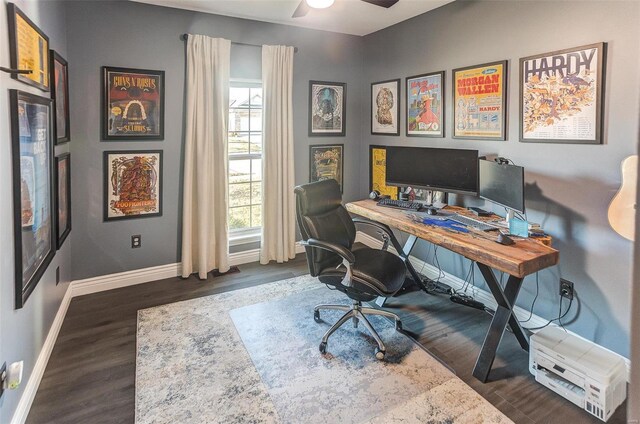 office space with wood finished floors, baseboards, and ceiling fan