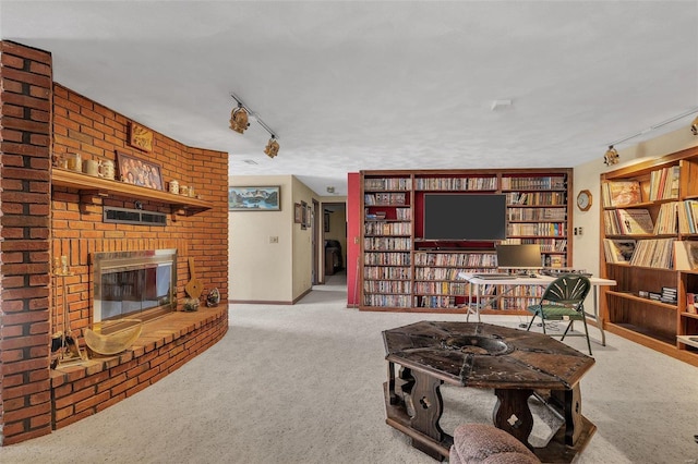 carpeted living area featuring track lighting and a fireplace