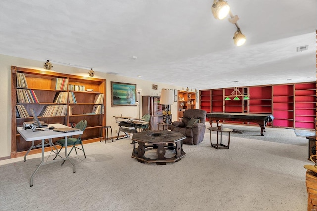 game room with visible vents, carpet flooring, and pool table