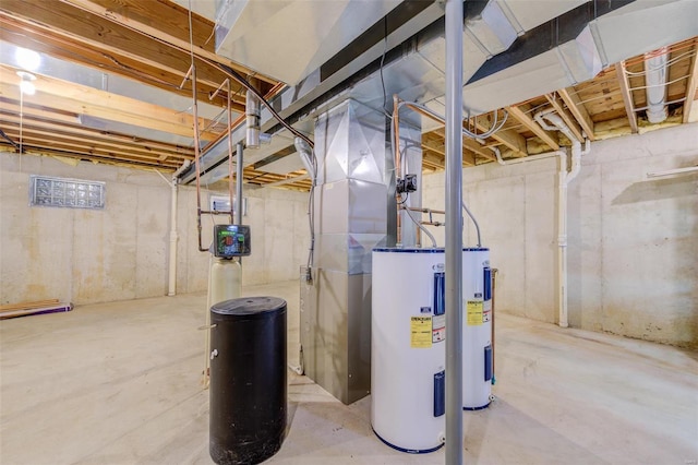 unfinished basement featuring water heater