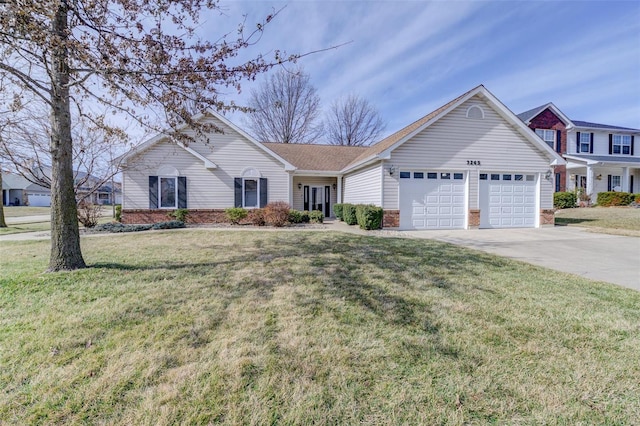 view of front of property featuring brick siding, a front lawn, concrete driveway, and a garage