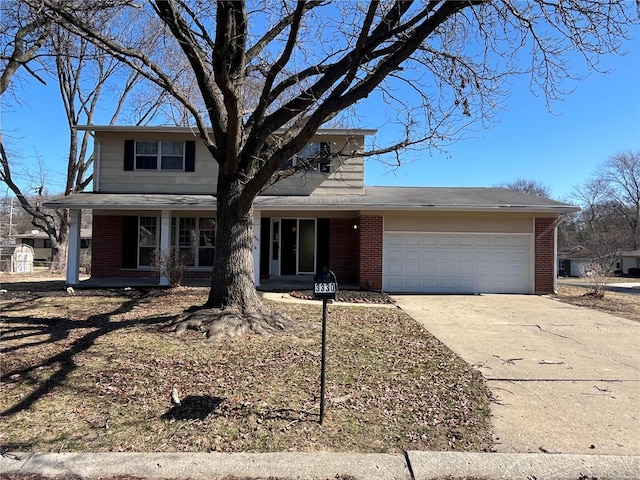 traditional home with brick siding, covered porch, concrete driveway, and an attached garage