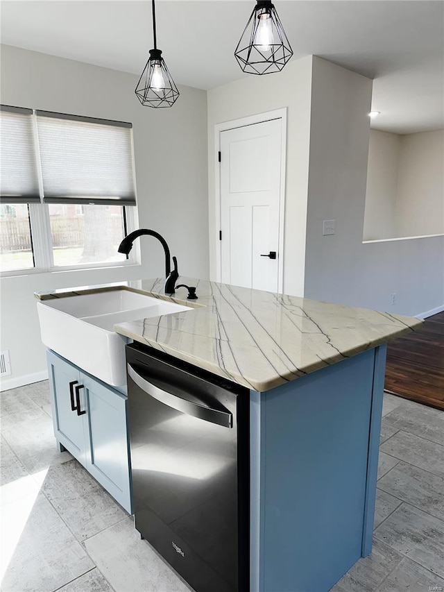 kitchen with decorative light fixtures, dishwasher, blue cabinets, and a sink