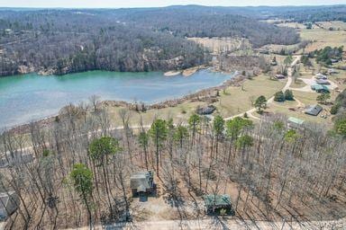 bird's eye view featuring a view of trees and a water view