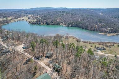 birds eye view of property featuring a water view and a wooded view