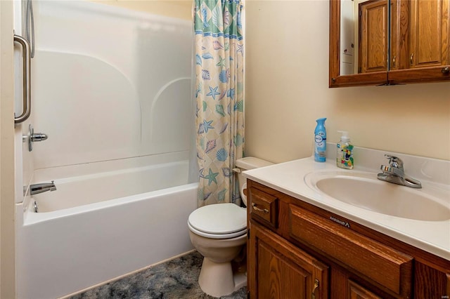 bathroom featuring vanity, toilet, and shower / bathtub combination with curtain