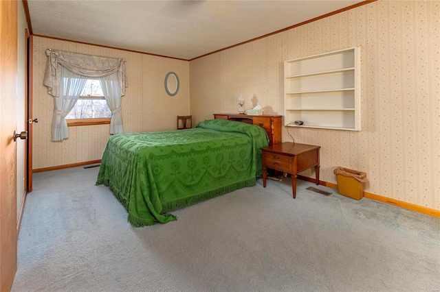 bedroom featuring wallpapered walls, baseboards, carpet floors, and ornamental molding